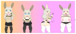 absurdres bimbofication blonde_hair blue_eyes breast_expansion breasts cleavage female_only femsub furry happy_trance huge_breasts large_breasts long_hair open_mouth original razzybun sequence smile symbol_in_eyes transformation