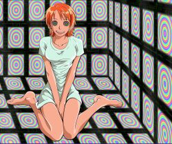 absurdres barefoot breasts feet female_only femsub hypnotic_screen incubus_(manipper) kneeling large_breasts looking_at_viewer nami_(one_piece) one_piece open_mouth orange_hair ring_eyes smile xxriddickxx