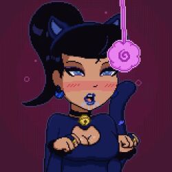  animal_ears animated animated_gif bell bell_collar black_hair blue_eyes blue_lipstick blueshift_(polmanning) blush breath cat_ears cat_pose cat_tail catsuit cleavage cleavage_cutout clothed collar drool fake_animal_ears fake_tail female_only femsub heart lipstick original panicatethemoon panting pendulum pixel_art ponytail solo spiral spiral_eyes tail 