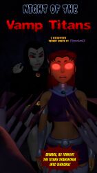 3d black_hair corruption cover dc_comics expressionless fangs femsub glowing_eyes hypnolordx long_hair pov_dom raven red_eyes red_hair short_hair signature source_filmmaker starfire super_hero text vampire