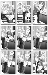  ass_expansion bimbofication brain_drain breast_expansion comic doggy_style fellatio femsub from_behind high_heels huge_breasts large_breasts large_penis maledom monochrome nipples office_lady pegasus_(artist) penis text 