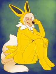 androgynous carnival-tricks costume diaper fox_boy furry happy_trance jolteon male_only malesub nintendo pokemon ring_eyes sitting solo twintails