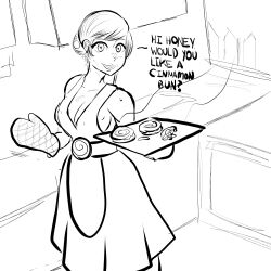  apron bare_shoulders domestication earrings feminization femsub gguy123 greyscale happy_trance housewife jewelry mei_(overwatch) naked_apron overwatch sketch stepfordization text tray 