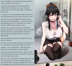  akchu altered_common_sense black_hair breasts caption chobi_(akchu) choker cleavage dialogue femsub happy_trance hypnotic_penis kneeling maledom manip monsieurchuchote_(writer) office_lady original red_eyes speech_bubble text thighhighs thighs unaware wet wet_clothes 