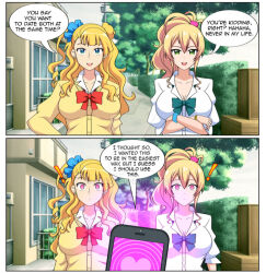 before_and_after blonde_hair blue_eyes bow breasts cell_phone comic crossed_arms dialogue empty_eyes expressionless female_only femsub galko green_eyes hajimete_no_gal hand_on_hip heart hypnotic_app jimryu large_breasts limp long_hair looking_at_viewer multiple_girls multiple_subs pink_eyes please_tell_me!_galko-chan pov pov_dom school_uniform speech_bubble spiral sweater tagme tech_control text yukana_yame 
