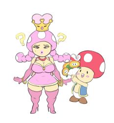  ass_expansion bimbofication blush boots brain_drain breast_expansion breasts cleavage confused crown femsub harrace-harrison high_heels huge_hips jewelry large_breasts lip_expansion new_super_mario_bros._u_deluxe nintendo open_mouth peachette shortstack simple_background super_crown super_mario_bros. thigh_boots toad_(mario) toadette transformation white_background 