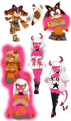  badger_girl breast_expansion breasts censored choker corruption demon_girl eyelashes female_only femsub glowing_eyes hair_growth helluva_boss high_heels identity_swap large_breasts navel necklace open_mouth pink_skin simple_background sonic_the_hedgehog_(series) sticks_the_badger tail tail_growth takau92729 transformation verosika_mayday weapon white_background 
