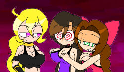 aerith_gainsborough alternate_costume black_hair blonde_hair breasts brown_hair choker cleavage crossover dress drool female_only femdom femsub final_fantasy final_fantasy_vii gradient_background groping happy_trance hypnoscream large_breasts midriff pink_eyes rwby smile spiralwash_eyes square_enix sub_on_sub tifa_lockhart very_long_hair yang_xiao_long yuri