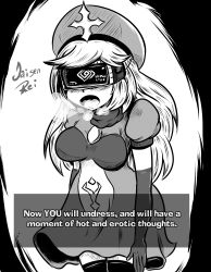 absurdres female_only femsub greyscale hypnotic_accessory jaisen_rei monochrome open_mouth source_request standing standing_at_attention tagme tech_control text visor