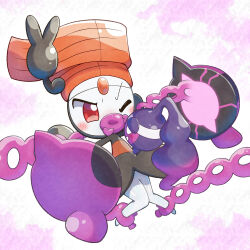  absurdres androgynous_dom androgynous_sub blush bondage hypnotic_food lucky777 malignant_chain meloetta nintendo one_eye_open pecharunt pokemon pokemon_(creature) pokemon_black_and_white pokemon_scarlet_and_violet red_eyes restrained white_eyes 