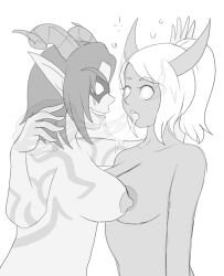 bottomless breasts draenei drool elf_ears expressionless female_only femdom femsub greyscale horns iriel_(roxa) large_breasts long_hair magic multiple_girls night_elf nude omega_(roxa) open_mouth original plsgts ponytail smile topless warcraft world_of_warcraft yuri