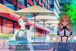 absurdres ahoge angelise_ikaruga_misurugi bandai_namco blonde_hair blue_eyes chair clothed complex_background cross_ange dialogue empty_eyes english_text female_only femsub official outdoors red_eyes screenshot super_robot_wars table text trees umbrella video_game