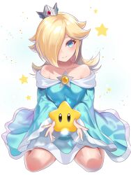  absurdres ai_art bare_shoulders blonde_hair blue_eyes breasts crown dress expressionless female_only femsub hair_covering_one_eye kneeling long_hair nintendo princess princess_rosalina ryu160303 simple_background sitting solo spiral_eyes super_mario_bros. white_background 