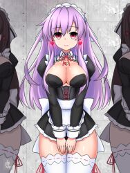  brown_hair cleavage corset cuffs earrings empty_eyes expressionless female_only femsub hyperdimension_neptunia kedamaton_ large_breasts long_hair maid maid_headdress multiple_girls multiple_subs nepgear purple_hair red_eyes signature socks standing thighhighs 