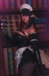  absurdres black_hair cleavage feather_duster femsub gameplay_mechanics gloves glowing glowing_eyes horns leggings long_hair maid maid_headdress opera_gloves pink_eyes rynn solo 