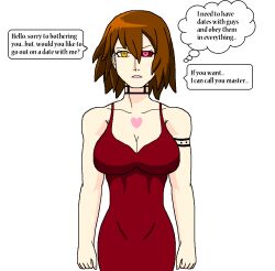 breasts brown_hair dani_(doudile) doudile dress empty_eyes expressionless female_only heterochromia large_breasts lipstick looking_at_viewer milf original pink_eyes pink_lipstick short_hair standing tattoo text white_background yellow_eyes