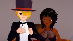 aware black_eyes black_hair blonde_hair blue_eyes cover dark_skin hair_covering_one_eye magician matthew_(veritas) phone short_hair simone_(veritas) veritas zenin1