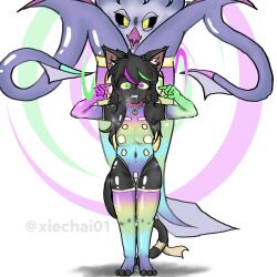 absurdres androgynous_dom black_hair black_sclera blush cat_girl collar drool eye_color_change femsub furry gloves green_hair hair_color_change happy_trance heterochromia hypnotic_tentacle long_hair malamar malamar_outfit mega_malamar meo_(xiechai01) multicolored_hair nintendo non-human_feet original pink_hair pokemon pokemon_(creature) pokemon_legends_z-a pokemon_x_and_y pussy_juice spiral spiral_background standing tagme tail tentacles thighhighs tiptoes white_background xiechai01 yellow_eyes 
