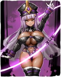 alternate_color_scheme alternate_costume alternate_hair_color blush cleavage cuffs erect_nipples erect_nipples_under_clothes female_only femsub fishnets gloves hair_ornament harness hat huge_breasts jewelry looking_at_viewer navel purple_background rain_(ts_mahou_shoujo_nao!) shooow17 silver_hair smile solo standing straight-cut_bangs tan_skin thick_thighs thigh_boots thigh_gap thighhighs ts_mahou_shoujo_nao! very_long_hair yellow_eyes