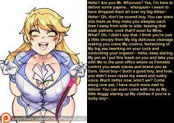 blonde_hair breasts caption cleavage derpy_hooves female_only femdom huge_breasts hypnotic_breasts ladylacie13_(manipper) large_breasts leash looking_at_viewer male_pov maniacpaint manip my_little_pony pov pov_sub spiral text