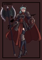  absurdres armor axe blue_hair border brown_background cape clothed corruption earrings enemy_conversion eye_color_change female_only femsub galerius_(unicorn_overlord) gauntlets hair_ornament high_heels horns jewelry maledom milf possession queen queen_ilenia red_eyes royalty shield simple_background solo unicorn_overlord victoriamikoto weapon 