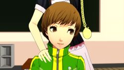  3d animated breasts brown_hair chie_satonaka chin_hold clothed dazed eye_roll female_only femdom femsub happy_trance large_breasts long_hair open_mouth pendulum persona_(series) persona_4 petting pocket_watch short_hair smile tagme tongue tracksuit video vynil yukiko_amagi 