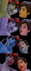  3d armpits arms_above_head brown_eyes brown_hair catnapped! dazed earrings eh female_only femdom femsub happy_trance hypnotic_eyes open_mouth overwatch ponytail purple_hair purple_skin short_hair smile tongue_out tracer unfocused_eyes visor widowmaker 