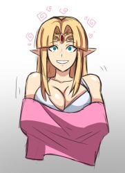  a_link_between_worlds blonde_hair blue_eyes breasts cleavage electrickronos elf_ears empty_eyes female_only femsub happy_trance looking_at_viewer nintendo princess_zelda smile solo the_legend_of_zelda undressing 
