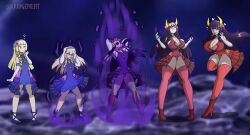  alternate_costume aura black_hair blonde_hair braid breast_expansion cleavage corruption demon demon_girl dress fangs gloves green_eyes heart high_heels horns large_breasts lillie_(pokemon) long_tongue multicolored_hair nintendo open_mouth opera_gloves pokemon pokemon_sun_and_moon purple_hair thegxjudgement thighhighs thighs tongue tongue_out transformation yellow_eyes 
