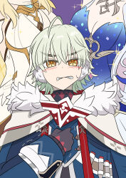  absurdres ahoge alyosha_(genshin_impact) blonde_hair blue_hair blush breasts cleavage clothed coat earmuffs eye_color_change femdom genshin_impact gloves green_hair heterosexual large_breasts long_hair lumine_(genshin_impact) malesub odette_(genshin_impact) possession purple_background ronova_(genshin_impact) scarf short_hair sparkle sweat symbol_in_eyes tagme transgender_identity transmasc trembling vel 
