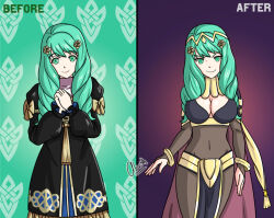 alerith bodysuit breasts cape cleavage cleavage_cutout corruption evil_smile female_only fire_emblem fire_emblem_awakening fire_emblem_three_houses flayn_(fire_emblem_three_houses) green_eyes green_hair happy_trance large_breasts long_hair looking_at_viewer navel nintendo smile twintails