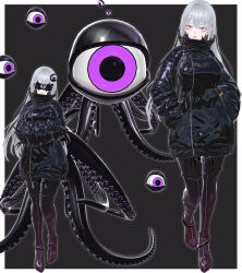  3d absurdres blindfold bodysuit boots border breasts clothed crossed_arms expressionless grey_background jacket kuromaru living_costume long_hair m.u.g.e.n. original possession purple_eyes simple_background standing sumxsum03 tentacles thigh_boots thighhighs very_long_hair white_hair 