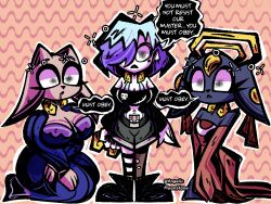  angelicmoonstone black_skin blue_hair breasts cat_girl cleavage clothed collar drool female_only femsub furry goth gou_mang harpy_girl isolde_(angelicmoonstone) kneeling lady_ethereal large_breasts multiple_girls multiple_subs nine_sols open_mouth original sinisteryoru white_skin 
