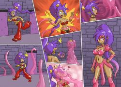  blue_eyes comic female_only femdom femsub genie happy_trance kissing long_hair mythkaz pink_eyes ponytail purple_hair shantae shantae_(series) slime tagme yuri 