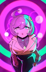 absurdres ahoge bodysuit breasts brown_hair coat dazed drool emma_(pokemon) female_only femsub green_eyes hair_ornament heterochromia hey_johnson00 huge_breasts leaning_forward multicolored_eyes nintendo open_mouth pink_eyes pokeball pokemon pokemon_legends_z-a short_hair solo