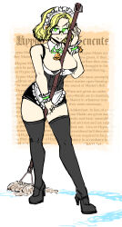 apron bell bell_collar blonde_hair blush bow_tie cleaning cleavage collarbone corset female_only femsub glasses glowing_eyes green_eyes happy_trance high_heels large_breasts leaning_forward leotard looking_at_viewer maid maid_headdress majinsfw original posing short_hair simple_background smile solo text thighhighs thighs tight_clothing veronica_nightingale_(majinsfw) white_background 