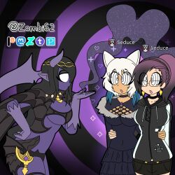 absurdres black_hair blowing_kiss charm_(spell) clothed demon_girl earrings english_text female_only femdom femsub final_fantasy final_fantasy_xiv gameplay_mechanics glasses grey_hair hand_on_hip heart horns jewelry lady_amandine mai_solara miqo&#039;te ponytail purple_hair short_hair spiral_background spiralwash_eyes square_enix sub_on_sub symbol text very_long_hair white_eyes wings y&#039;shtola yuri zombi62