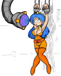  arms_above_head blue_eyes blue_hair bondage breasts collar female_only femsub glowing glowing_eyes hanging_down large_breasts long_hair p.chronos shrunken_irises sketch solo spiral tech_control 