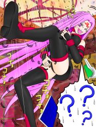 aoba_shochodo aware blush body_control book breasts confused facial_markings fate/stay_night fate_(series) hanging_down human_puppet humiliation japanese_text laughing legs medusa_(fate) medusa_(rider)_(fate) one_eye_open open_mouth puppet purple_eyes purple_hair speech_bubble sweat text thighhighs thighs tickling translation_request trembling very_long_hair