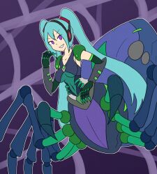  antenna blue_hair breasts collarbone corruption empty_eyes evil_smile eyebrows_visible_through_hair female_only femsub hair_ornament long_hair miku_hatsune mythkaz navel purple_eyes simple_background smile spider_girl tagme tech_control tight_clothing twintails very_long_hair vocaloid 