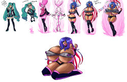  before_and_after bimbofication blue_hair breast_expansion breasts dialogue erect_nipples femsub huge_breasts hyper_breasts lipstick long_hair miku_hatsune oppaiman tan_skin text transformation twintails vocaloid 