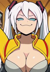 ai_art armor baby_(dragon_ball) blue_eyes bodysuit breasts cleavage corruption cosplay dragon_ball dragon_ball_gt evil_smile female_only femdom large_breasts long_hair looking_at_viewer miku_hatsune parasite possession smile smirk smug solo tuffleization twintails vocaloid white_hair whitewash_eyes 