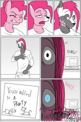  black_sclera breasts clock-face comic computer furry horse_girl large_breasts long_hair malesub memetic_control my_little_pony original pink_hair pinkie_pie short_hair text transformation transgender wolf_boy 