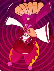  dollys_factory fangs female_only femdom hanging_down jester meistroass pov_sub roblox spider_girl spinnette_(dollys_factory) spiral_background spiral_eyes 