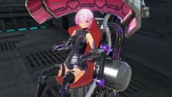  3d armor bare_shoulders before_and_after breasts chair corruption custom_maid_3d_2 fate/grand_order fate_(series) female_only femsub garter gloves hair_covering_one_eye lemon_tick looking_at_viewer mashu_kyrielight pink_eyes pink_hair restrained short_hair sitting skirt solo thigh_boots thighhighs 