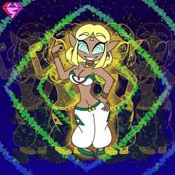  aura bare_shoulders blonde_hair bracelet cleavage collarbone dancer dancing dark_skin earrings elf_ears eyebrows_visible_through_hair eyelashes femdom green_eyes harem_outfit hypnoscream jewelry looking_at_viewer navel nintendo pov_sub princess_zelda short_hair smile spiralwash_eyes story tears_of_the_kingdom the_legend_of_zelda 