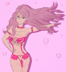  alternate_costume arm_bands black_clover cleavage clothed_exposure collar collarbone earrings erect_nipples_under_clothes female_only femsub hand_on_hip happy_trance heart hy2300 large_breasts latex long_hair nail_polish navel pink_eyes pink_hair simple_background smile solo standing vanessa_enoteca 