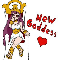  bare_shoulders blush body_swap breasts chair cleavage cover crossed_legs crown donnothing23 dress english_text eye_color_change femsub goddess heart long_hair original purple_hair red_eyes saint_seiya sandals saori_kido shochi_(donnothing23) simple_background sitting text thighs white_background 