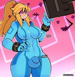 blonde_hair cock_growth femsub futanari growth metroid_(series) nintendo penis samus_aran spiral_eyes symbol_in_eyes tech_control thehornyzen transformation transgender