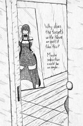  absurdres armpits arms_above_head bare_shoulders black_hair breasts cleavage costume dialogue dress eagle_bacon english_text femsub greyscale hair_ornament hand_on_hip large_breasts mirror monochrome posing possession smile spy_x_family text thighhighs thighs yor_briar 